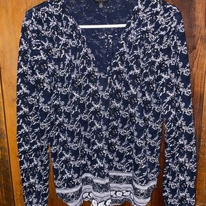 Lucky Brand Navy and White Floral V-Neck Cardigan